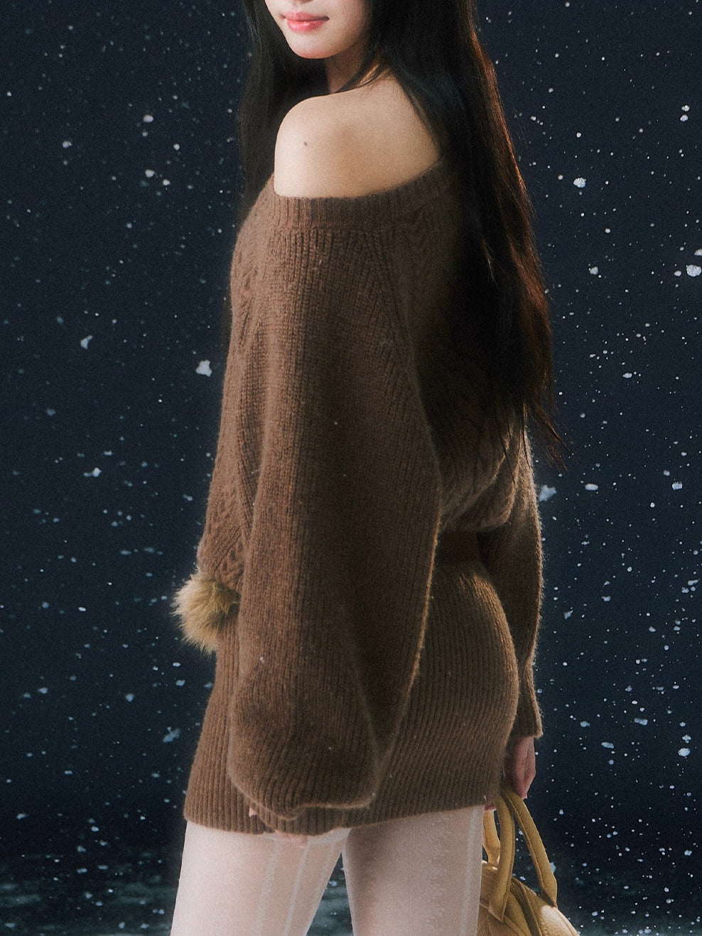 Coffee &amp; Apricot Off-the-shoulder Belt Dress