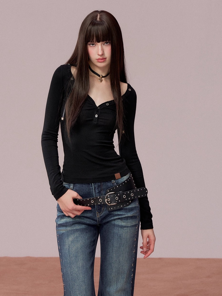 Button Detail Crewneck Top