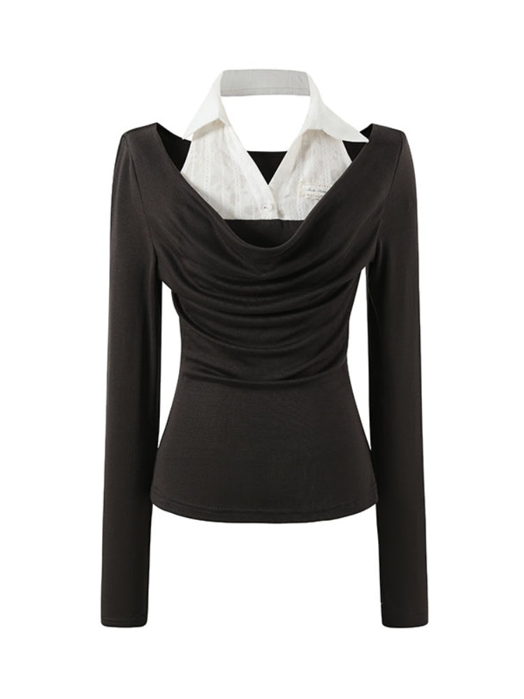 Fake Two-Piece Draped Neck Knit Top
