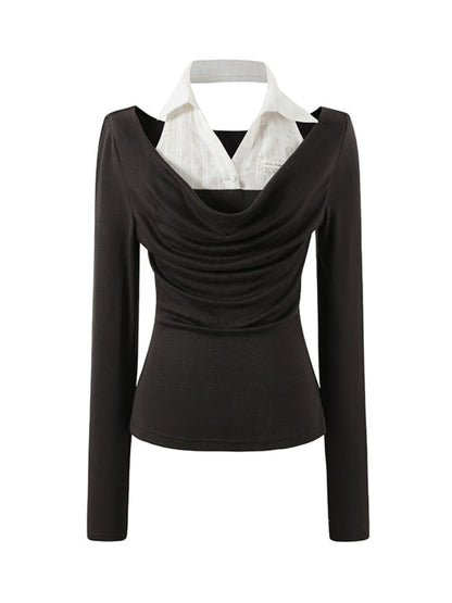 Fake Two-Piece Draped Neck Knit Top