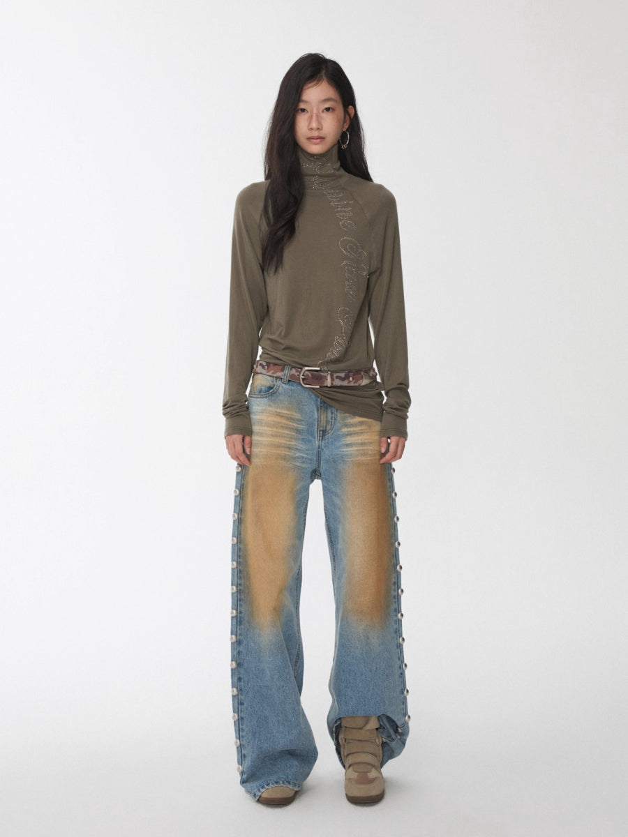 Mud-Dyed Washed Studded Straight-Leg Jeans