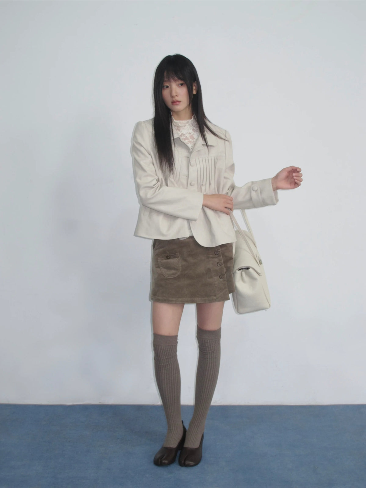 Pleated Curved-Hem Leather Jacket