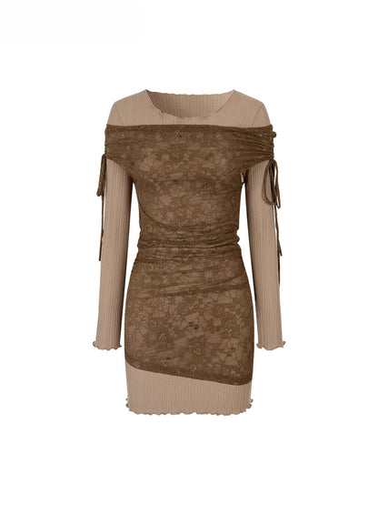 Khaki Colorblock Lace Mini Dress