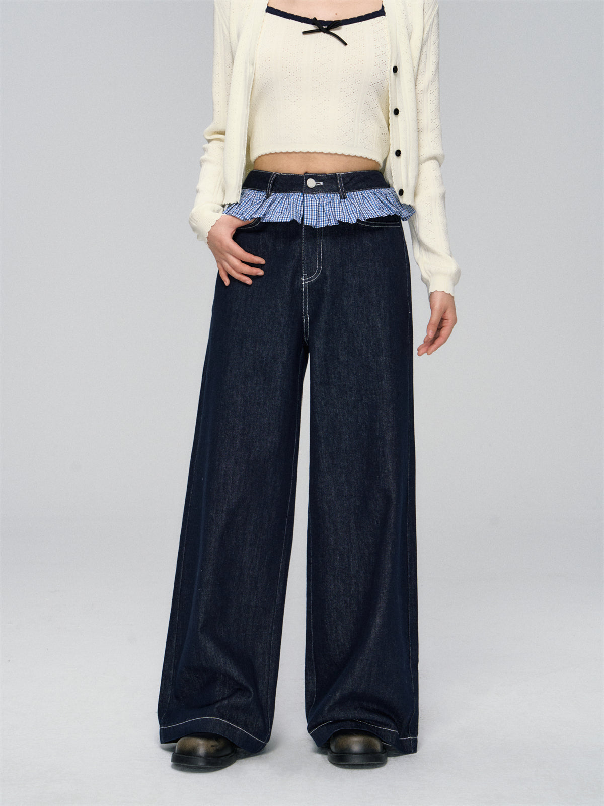 Ruffled Plaid Patchwork Straight Jeans