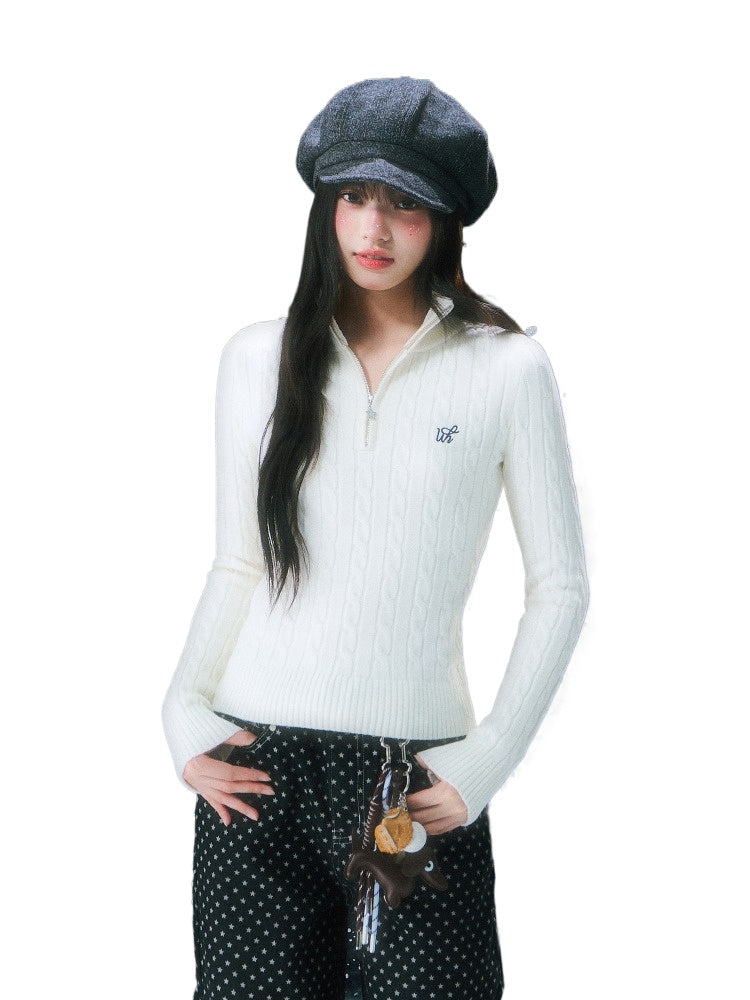 Apricot Cable Half-zip Knit Sweater