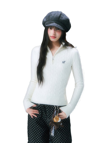 Apricot Cable Half-zip Knit Sweater