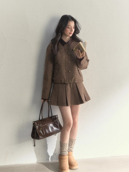 “Cerlue” Reversible Houndstooth Jacket &amp; Pleated Skirt Set