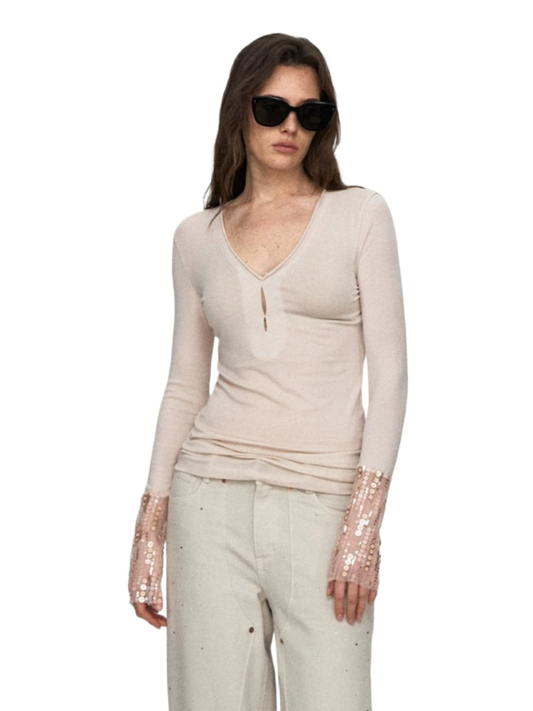 Lyocell Wool Sequin V-Neck Top