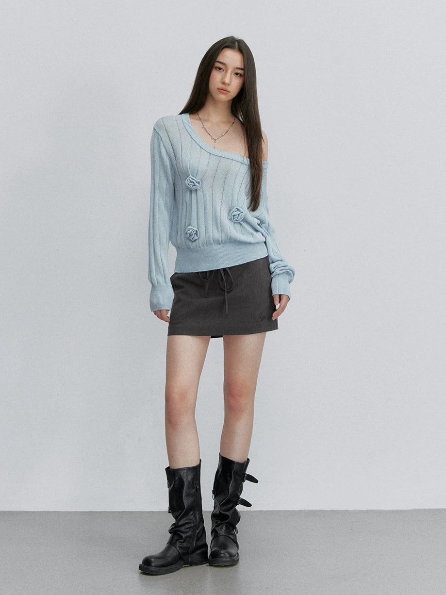 Asymmetric Floral Openwork Knit Top