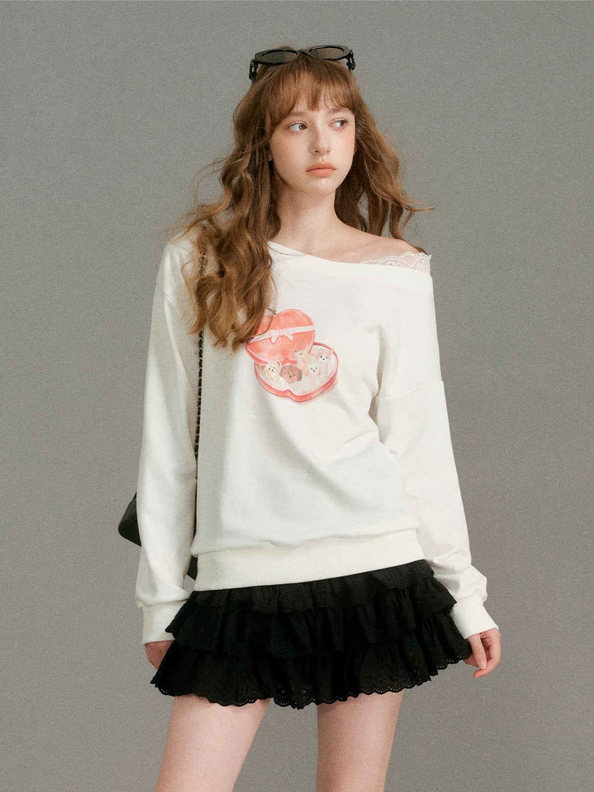 Lace Puppy Print Sweatshirt