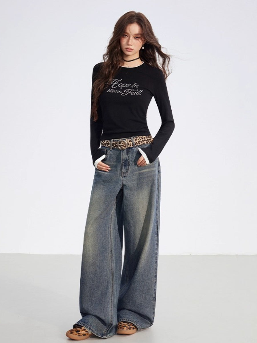 Leather-Patch Wide-Leg Denim Pants