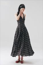Vintage Plaid Halter Backless Midi Dress