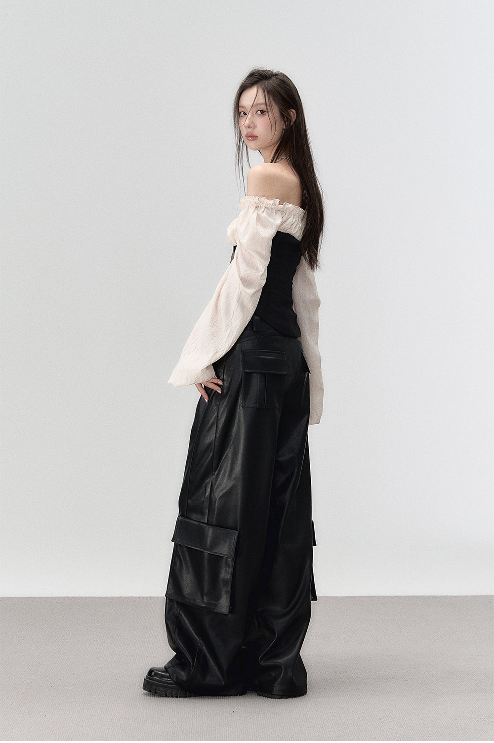 Black Rivet Straight Leather Pants