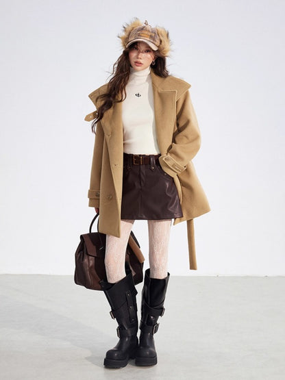 Camel Double-Breasted Wool Coat