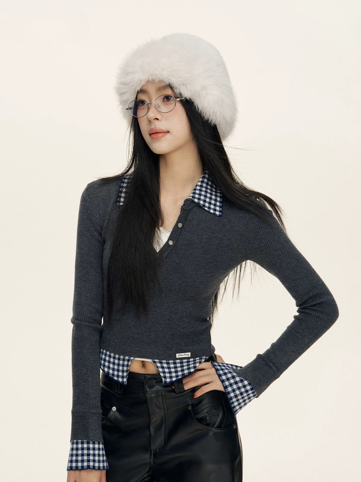 Gingham Layered Polo Knit Top