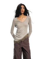 Asymmetric Lace Hem Long Sleeve Top