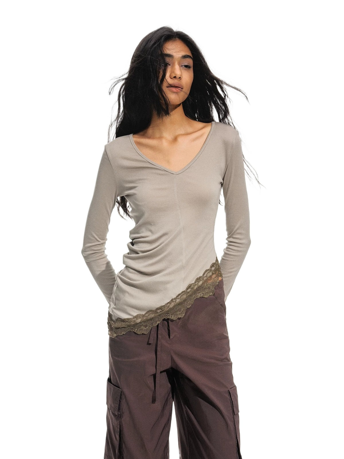 Asymmetric Lace Hem Long Sleeve Top