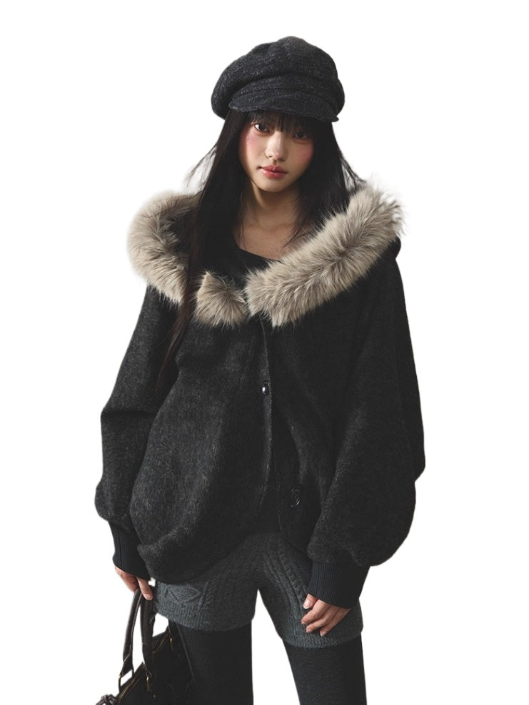 Wool Fur Trim Cape Coat