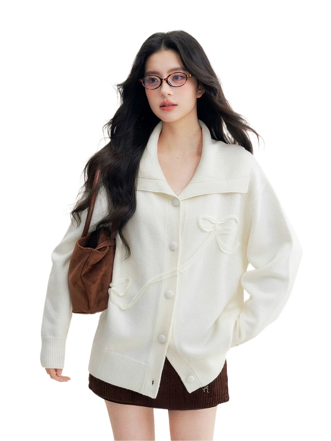 Beige Bow-Embroidered Knit Cardigan