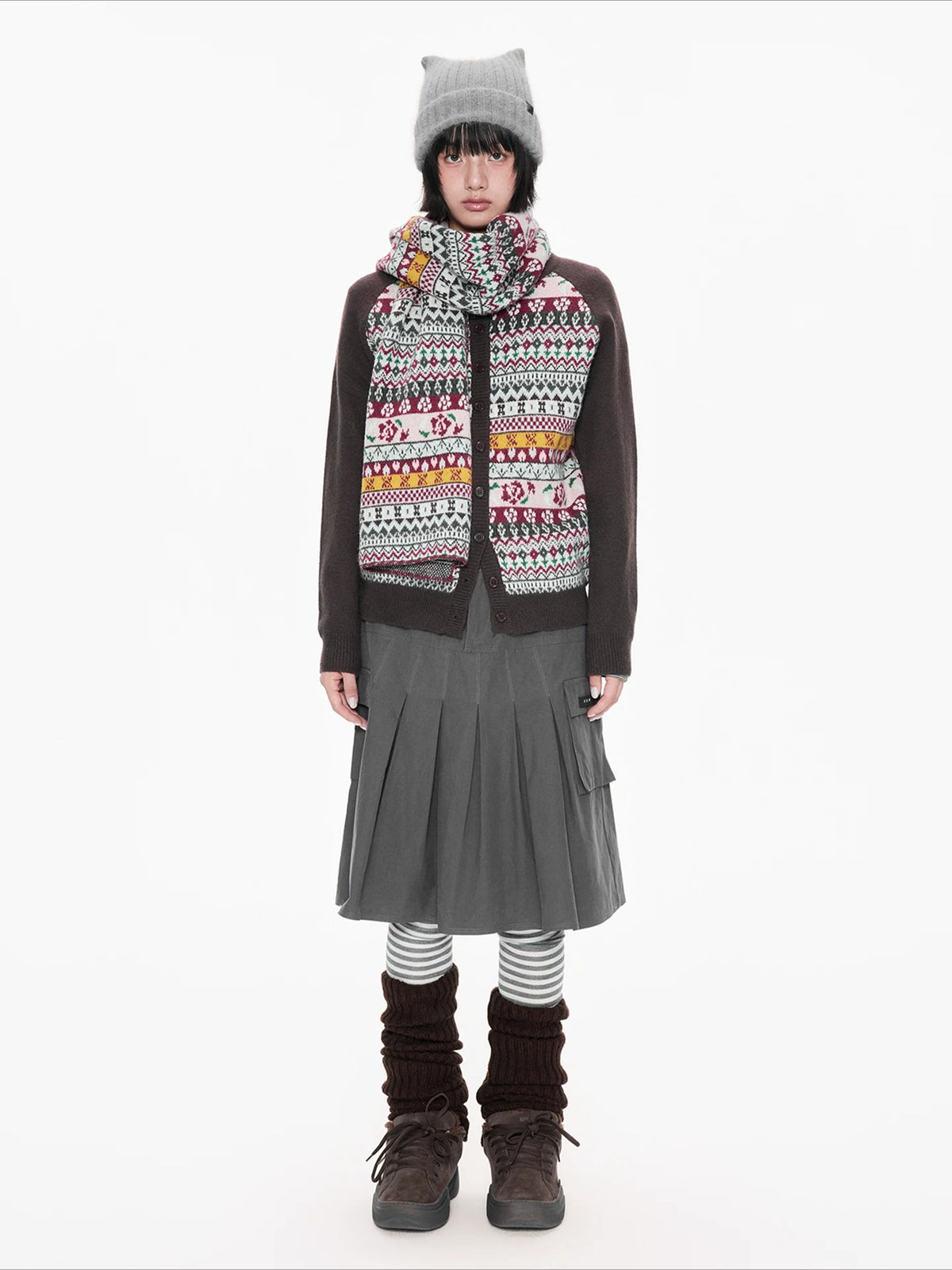 Contrast Folk Print Cardigan Set