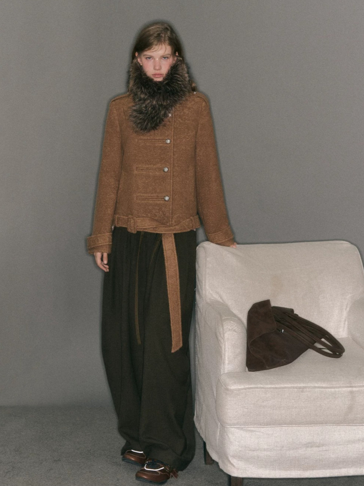 Fur-Collar Belted Wool Bouclé Coat