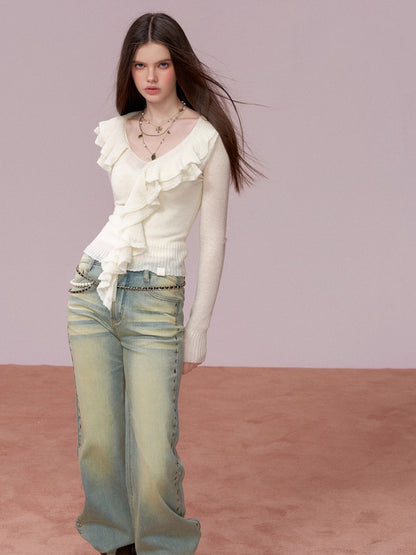 Studded Wash Straight-Leg Jeans