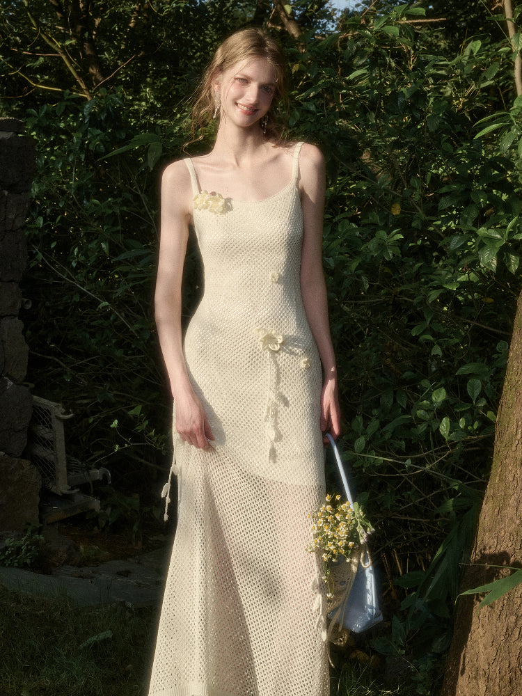 Solid Color Knitted Flower Pure White Dress