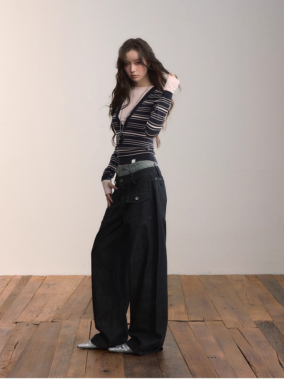 Color-Blocked Stripe Crew Neck Long Sleeve Knit Top