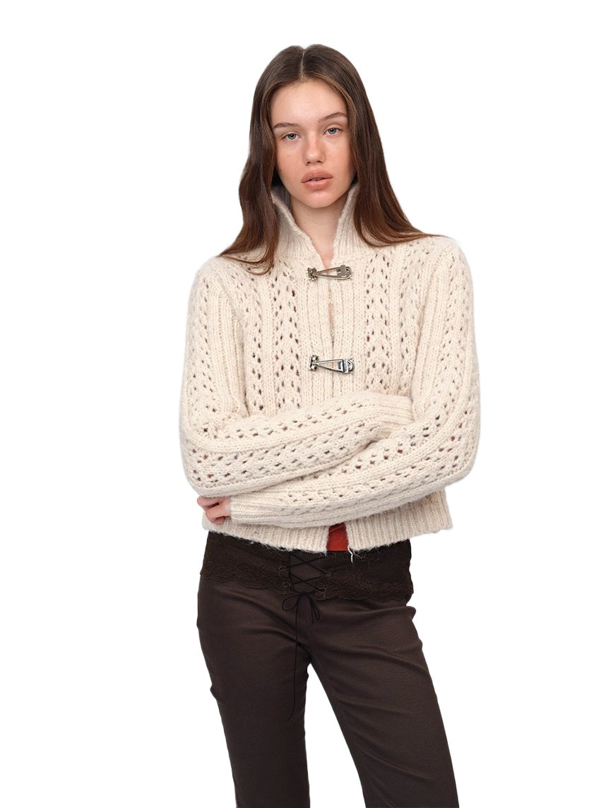 Ivory &amp; Red Cutout Knit Cardigan