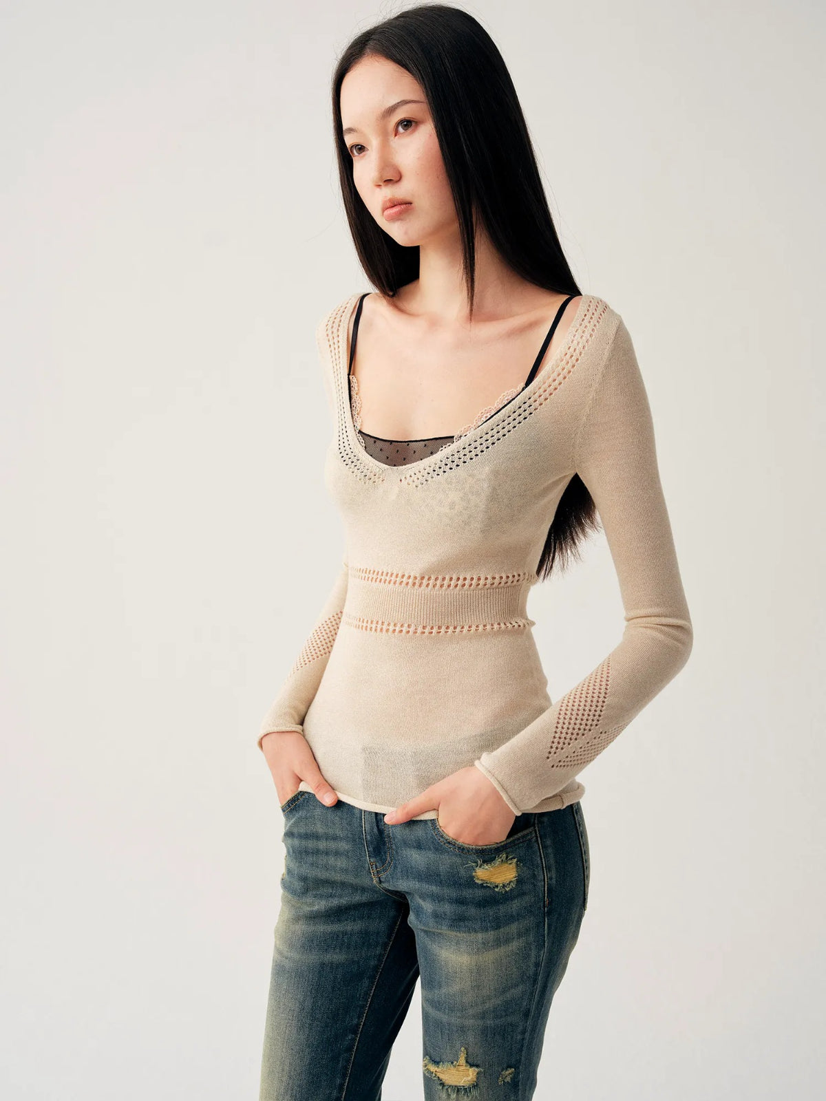 Hollow Knit Long Sleeve Top