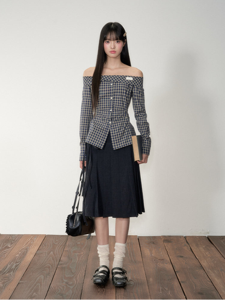 One-Shoulder Waist-Cinching Checked Shirt