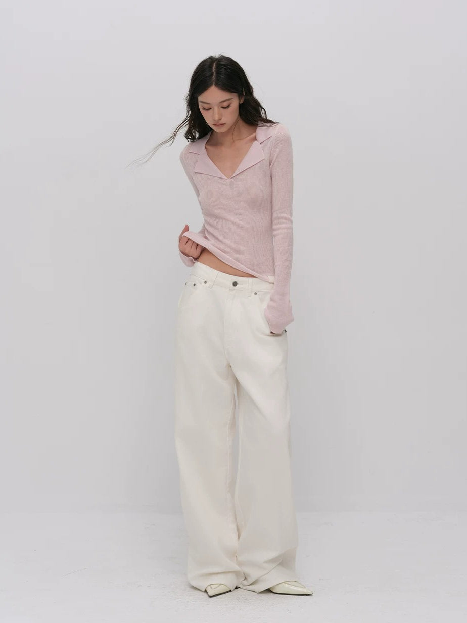 Ribbed Wool Polo Top