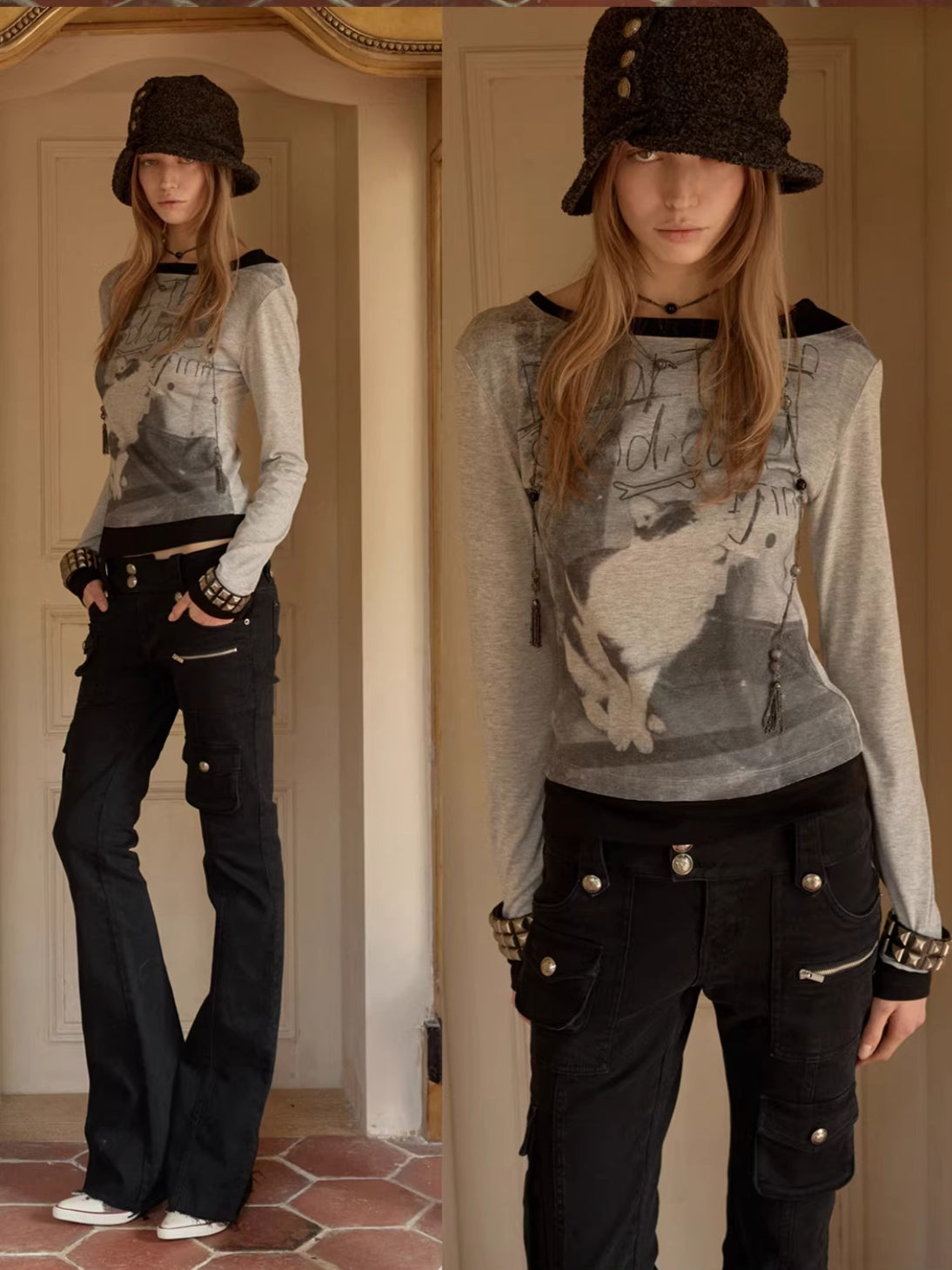 Off-Shoulder Layered Print Tee