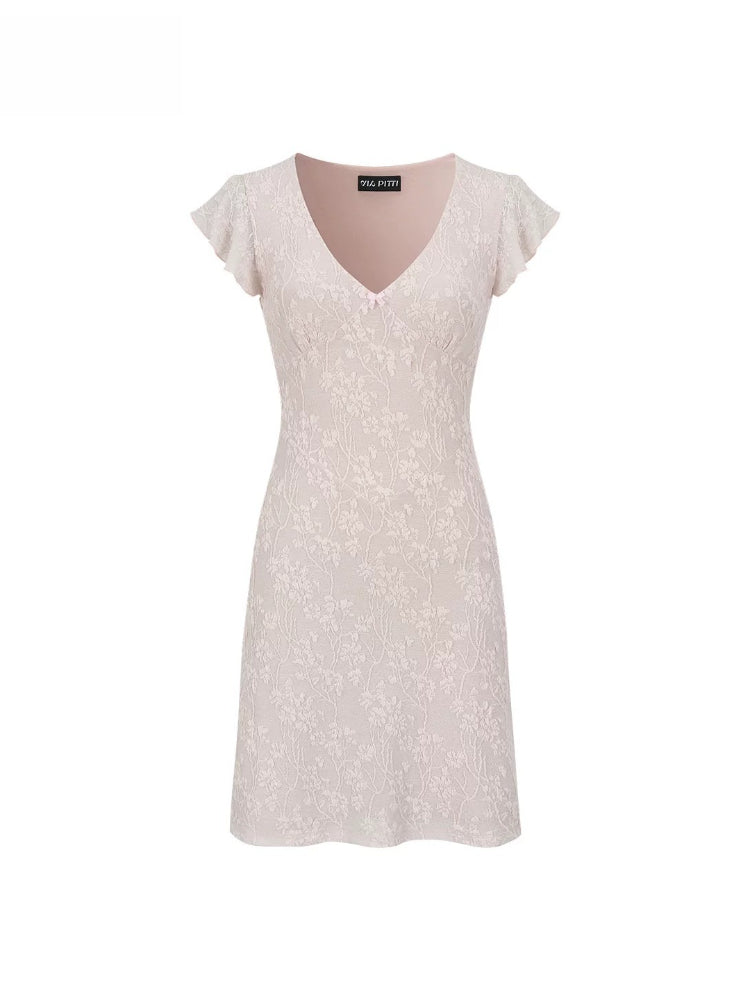 Lace Patchwork Knit V-neck Dress