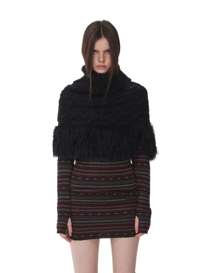 Cable Knit Fringed High-Neck Wool Blend Poncho