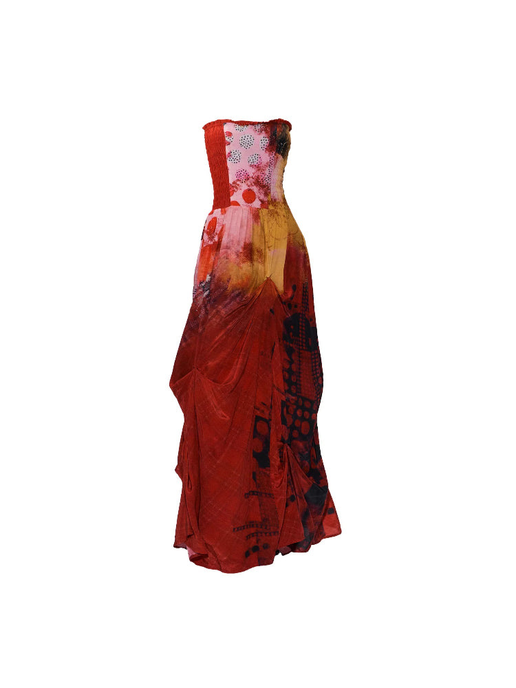 Vintage Red Print Strapless Dress