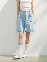 Lace-adorned Polka-dot Denim Capri Pants