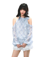 Plaid Halter Ruffle Blouse