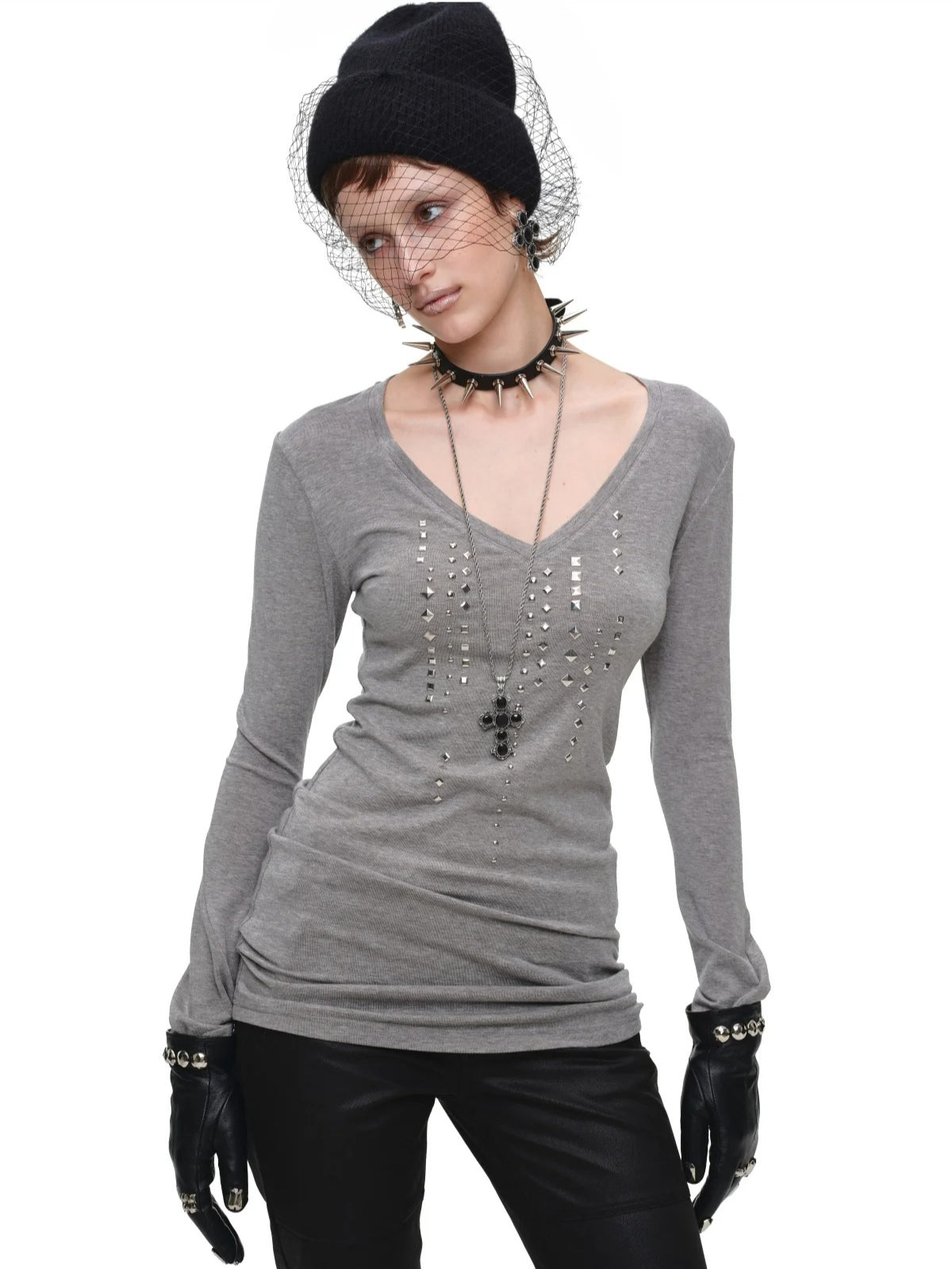 Rhinestone V Neck Knit Top