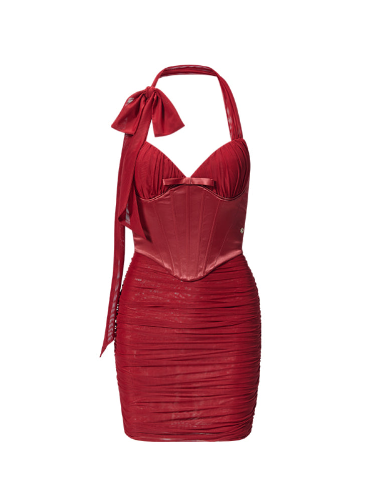 Bow Tie Ruched Fishbone Waist Cinch Dress