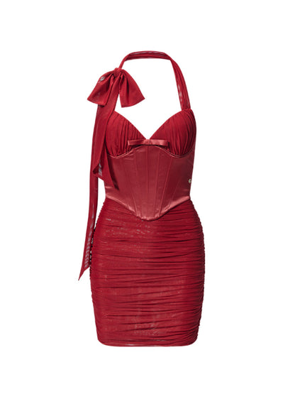 Bow Tie Ruched Fishbone Waist Cinch Dress