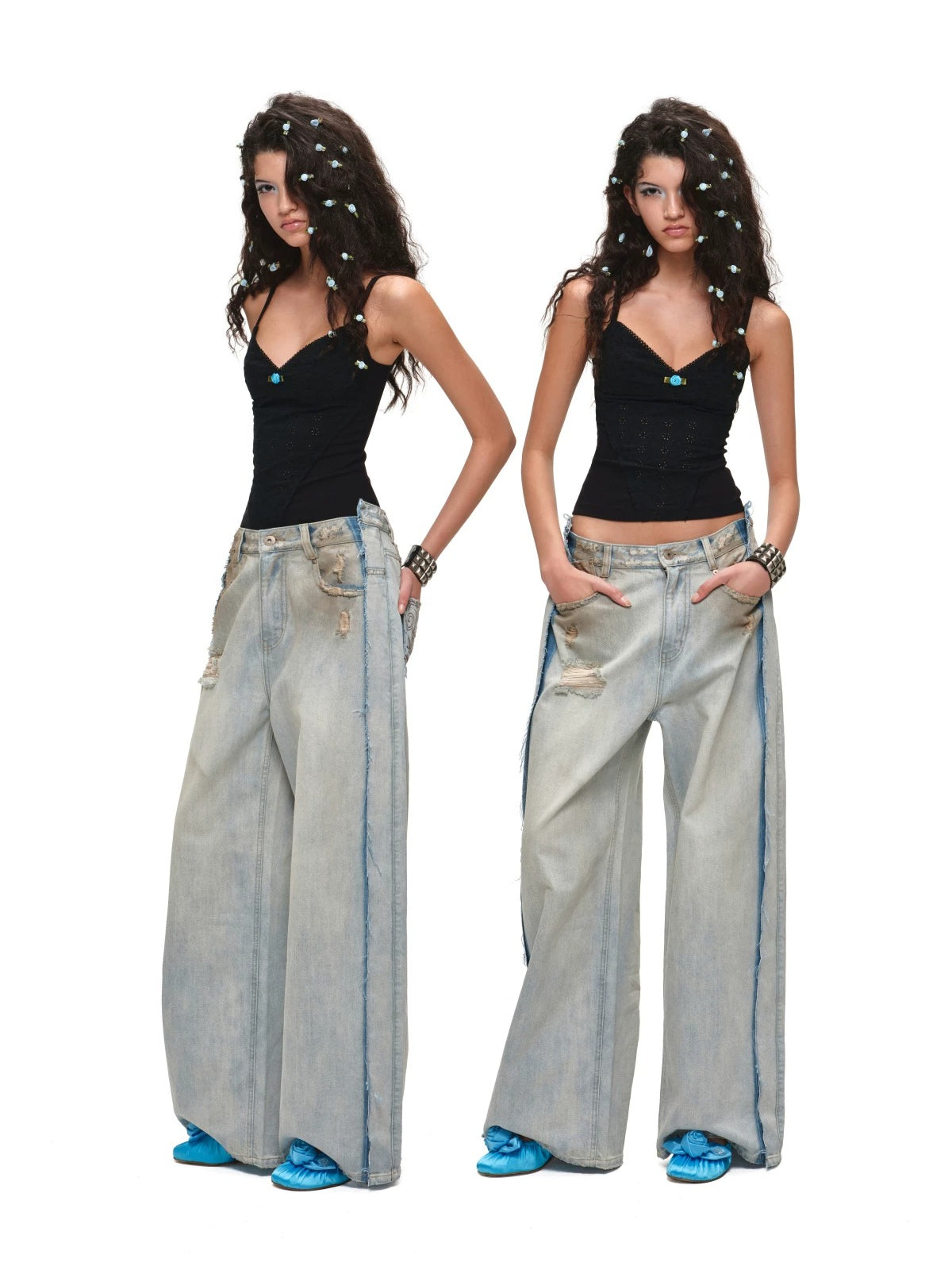 Distressed Curved Denim Pants