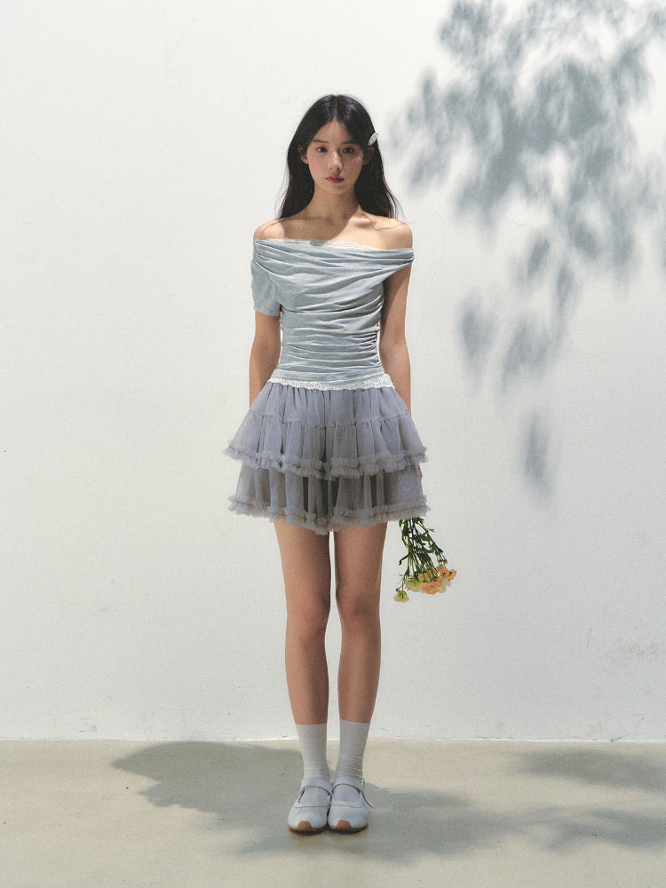 Grey Mesh Tiered A-Line Skirt