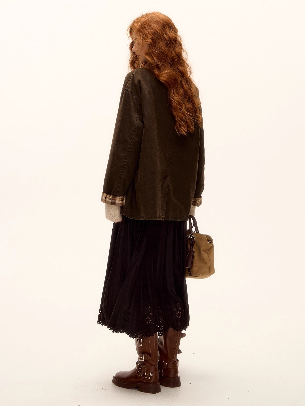 Eyelet Hem Suede Long Skirt