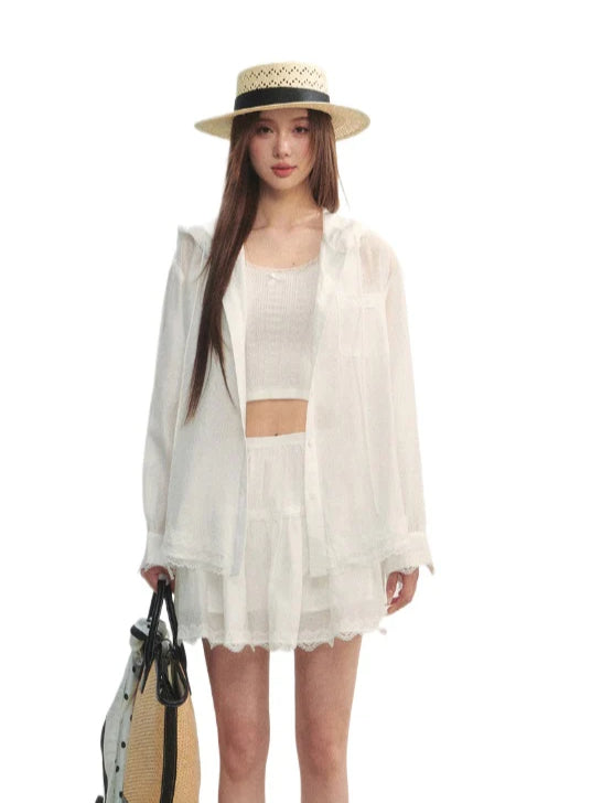 White Lace Panel Hooded Coat &amp; Skirt Set