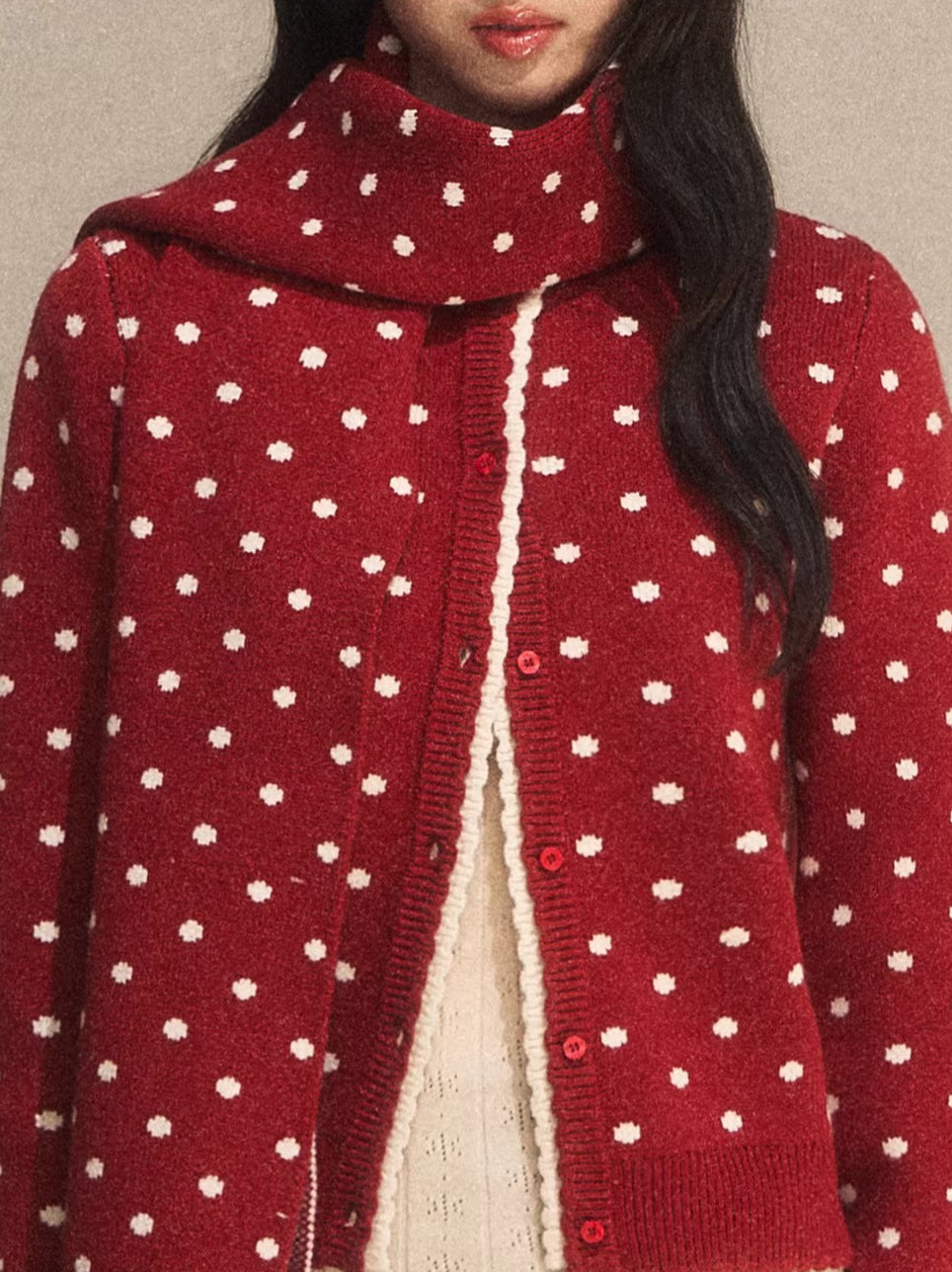 Red Contrast Polka Dot Knit Cardigan