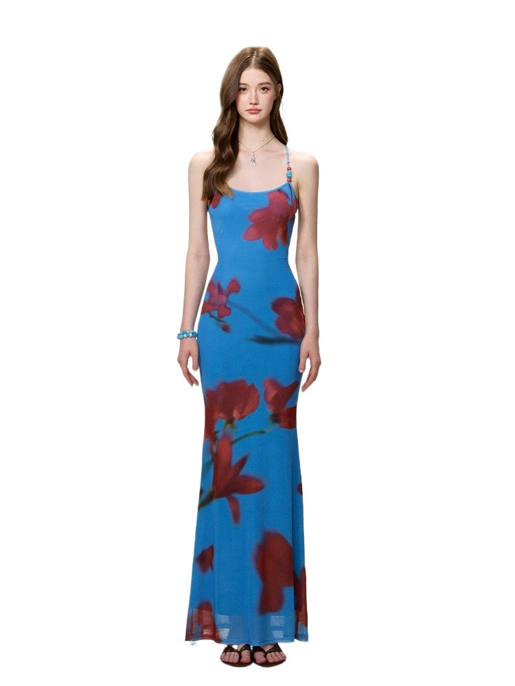 Blue Floral Print Backless Tie Dress