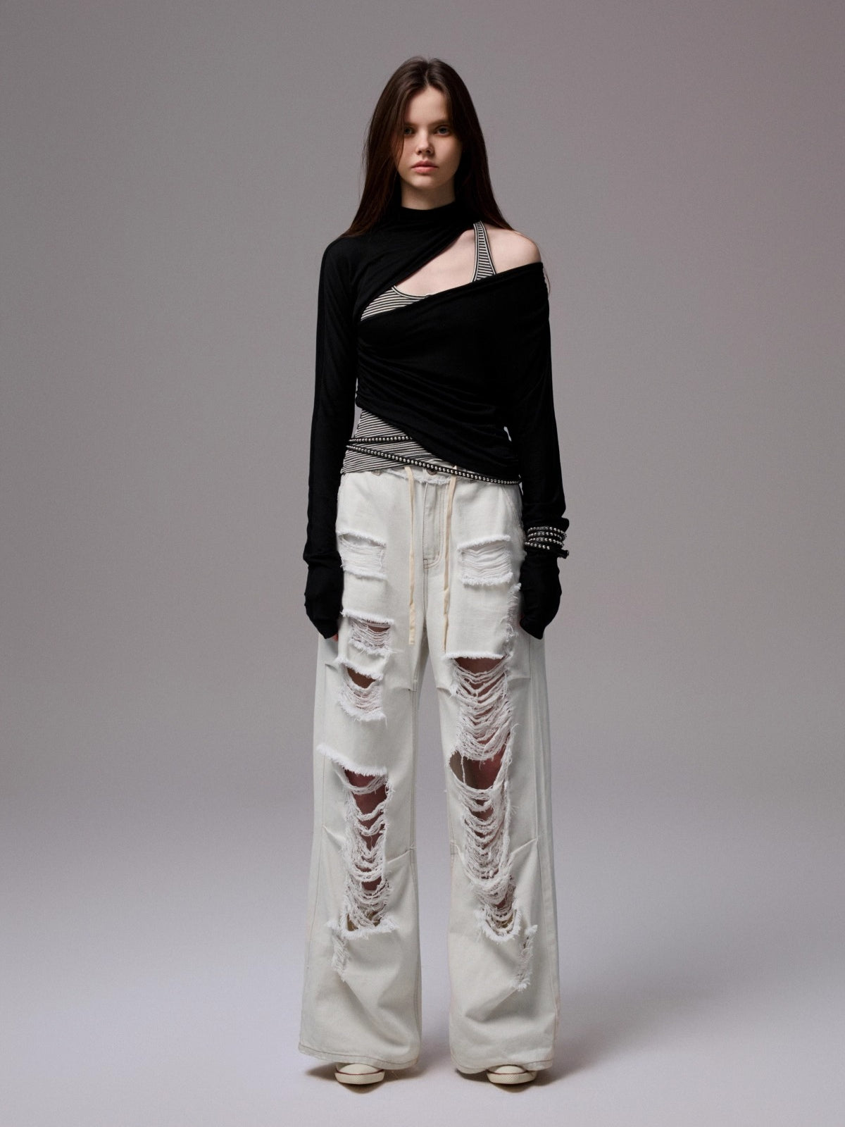 Draped Lyocell Wool Cutout Blouse