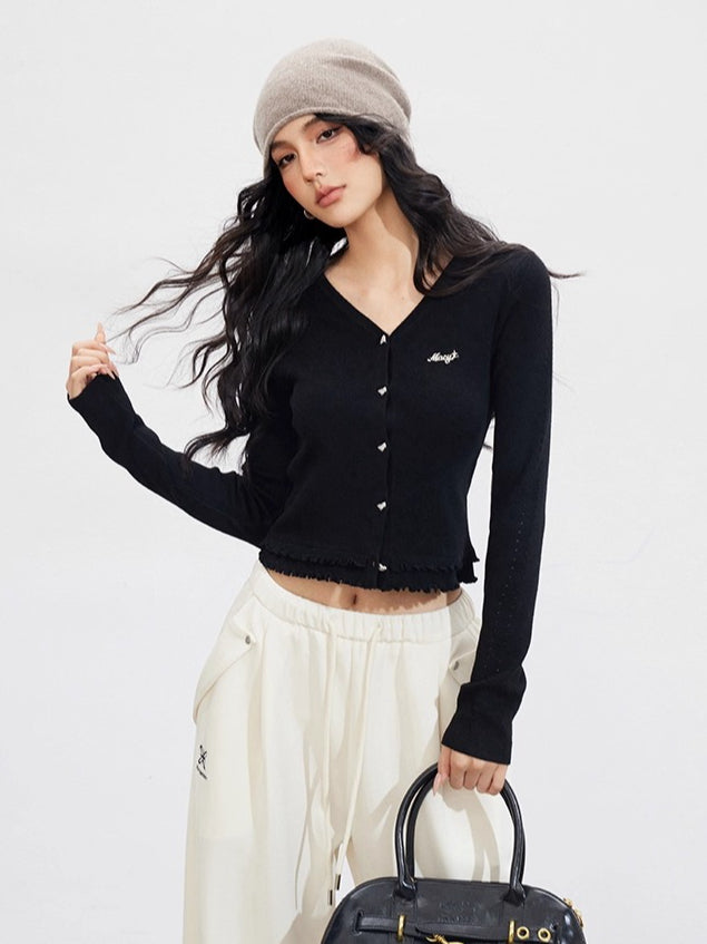 Lace-Trim Slim Knit Cardigan