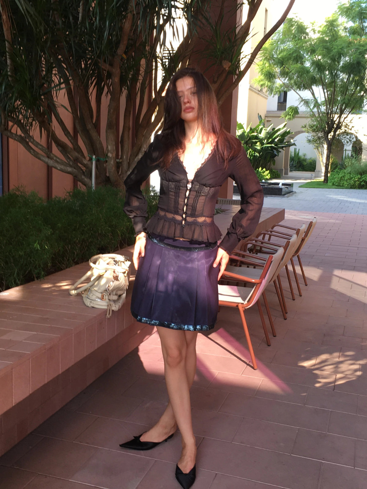 Navy Sequin Pleated Mini Skirt